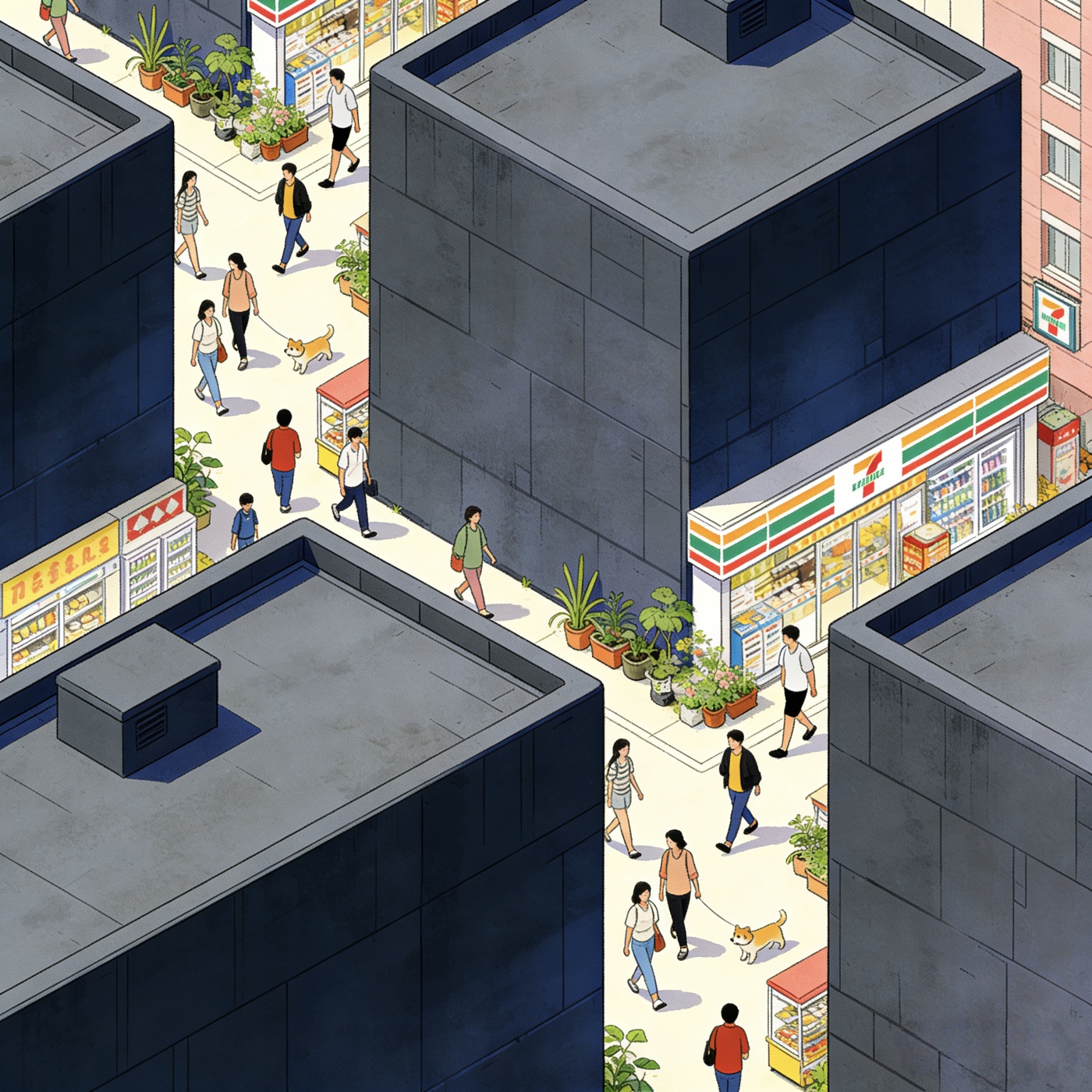 Illustration of everyday urban foot traffic and neighborhood consumption